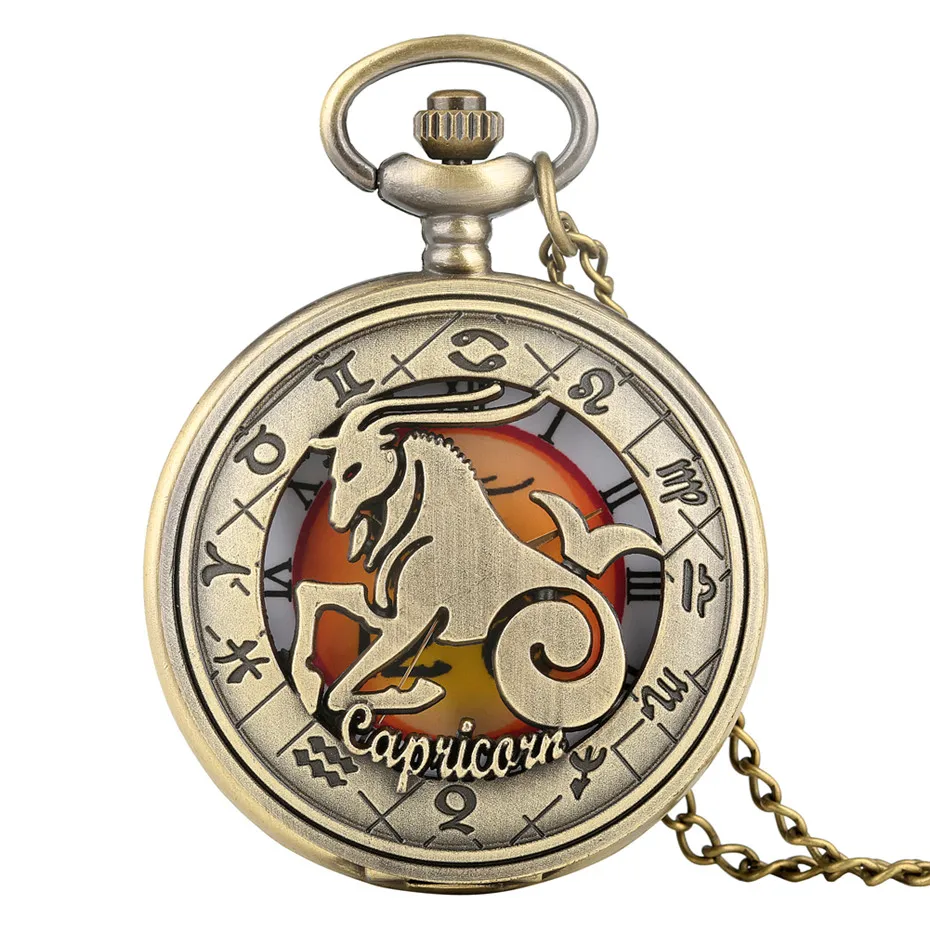 Capricorn Антикварные Бронзовые кварцевые карманные часы с двенадцатью созвездиями и римскими цифрами, часы с подвеской в виде полуохотника, подарки на день рождения - Цвет: Capricorn