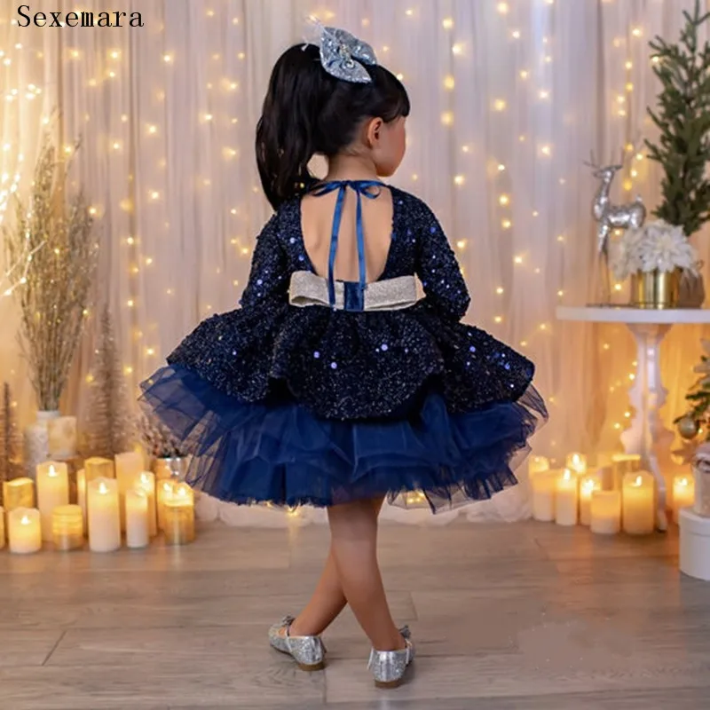 

Navy Blue Flower Girl Dresses with Bow O Neck Little Princess Birthday Party Gowns Long Sleeve First Communion Dress Celebration