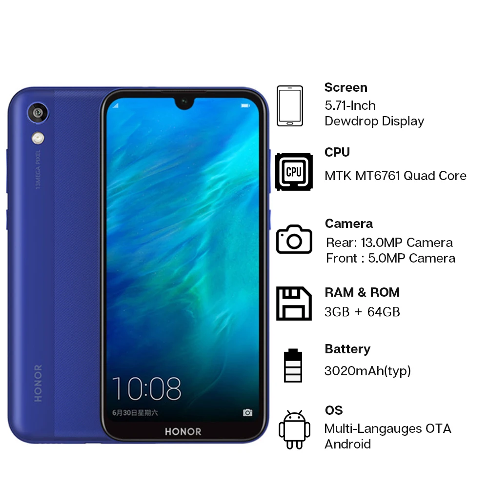 Глобальная версия Honor 8S Мобильный Phoes 3 Гб оперативной памяти 64 ГБ 5 71 дюймов Dewdrop
