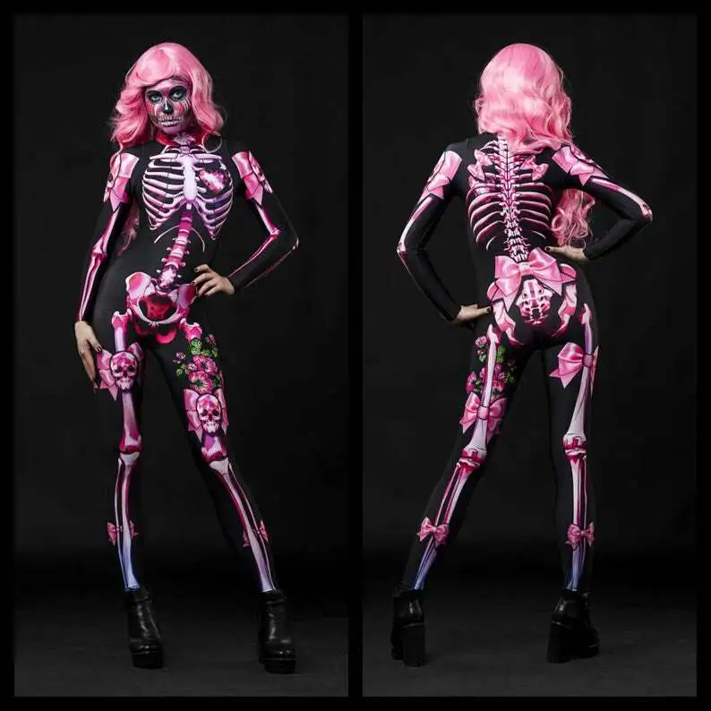 Hot Sell 2019 Women Skeleton Costume 3D Printed Halloween Cosplay Jumpsuit Lady Long Sleeve Plus Size | Женская одежда