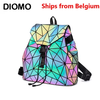 

[Ships from Belgium] DIOMO Women Backpack Luminous Geometric Plaid Sequin Female For Ladies Drawstring Bag Holographic Backpack