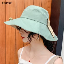 USPOP новые женские шляпы с широкими полями, шляпы от солнца с большим бантом, хлопковые шляпы, дышащие летние шляпы