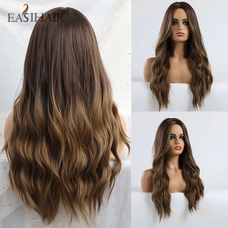 EASIHAIR Long Brown Ombre Synthetic Wigs for Women Natural Hair Wavy Wigs Ash Brown Blonde Heat Resistant Female Wig Cosplay