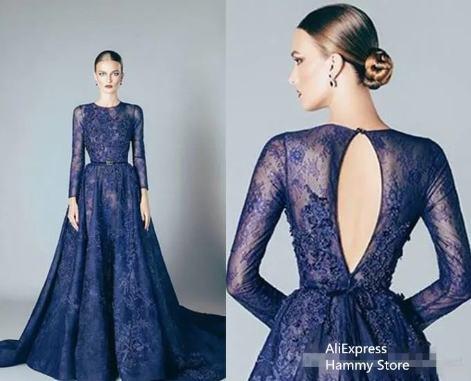 

Navy Blue Elie Saab Evening Dresses Lace Formal Prom Dresses Gowns With A Line Lace Applique Beads Crew Neck Long Sleeves Cheap