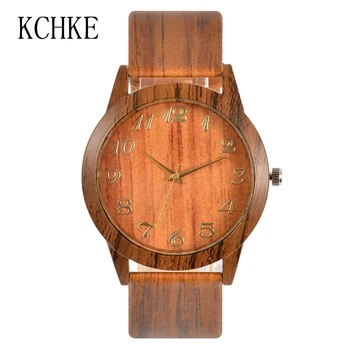 

KCHKE 2020 Watches Top Luxury Brand Men Women Watch Roman Numerals Wood PU Leather Band Analog Quartz Vogue Wrist Watches