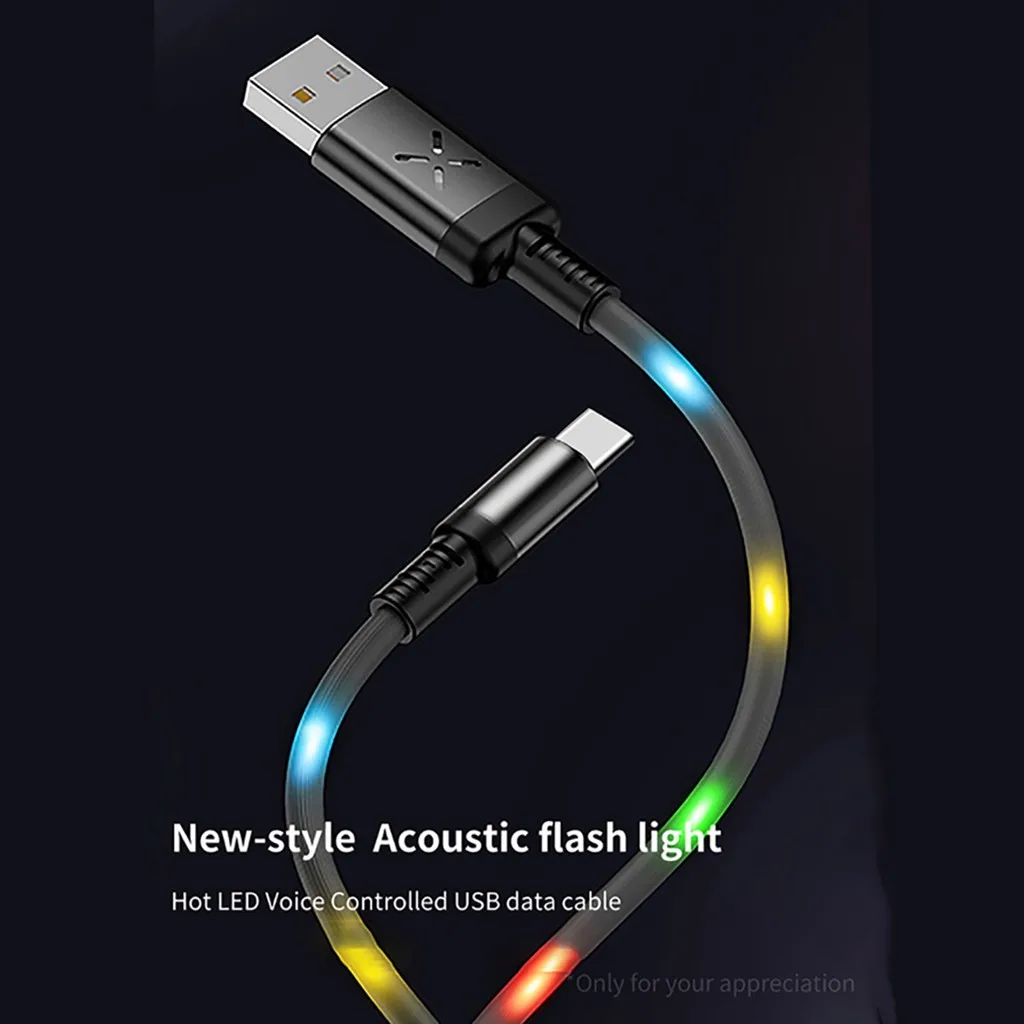 1 м светодиодный USB кабель type C usb-c кабель передачи данных для быстрой зарядки зарядное устройство для Xiaomi huawei samsung S9 S8 умный голосовой контроль светодиодный кабель