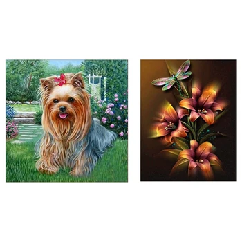 

2 Set 5D DIY Diamond Embroidery Diamond Painting Cross Stitch Home Decoration, 1 Set Dog & 1 Set Lily Flower and Dragonfly