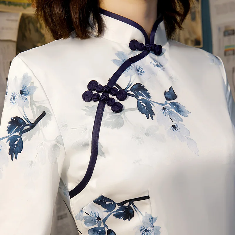 Женская Китайская одежда с коротким рукавом Cheongsam Китайский Стиль Элегантное повседневное традиционное платье атласное шелковое Qipao