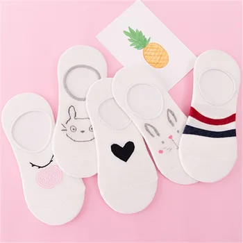 

5 Pairs Woman Socks Shallow Mouth Invisible Socks Woman Thin Cotton Socks Silica Gel Non-slip Low Help Cartoon Boat Socks
