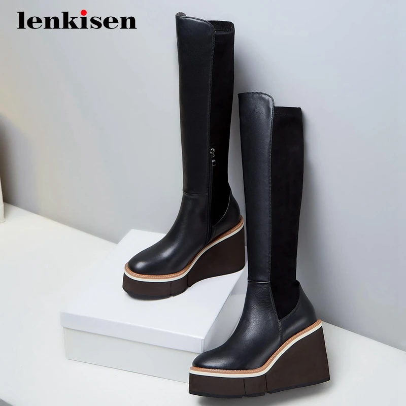 

Lenkisen all-match natural leather mixed cloth wedges round toe super high heel zipper young lady fashion knee-high boots L7f6