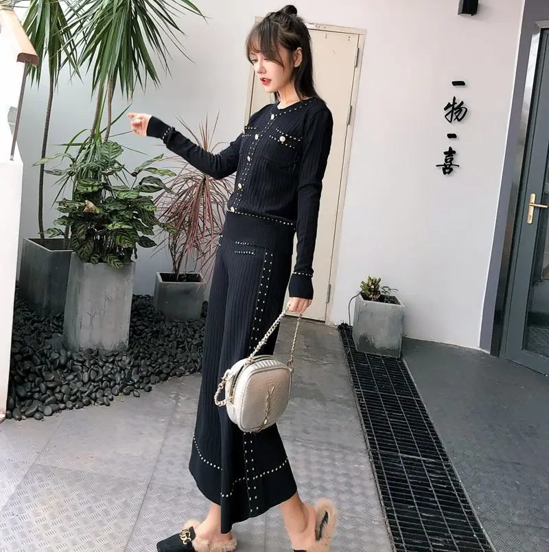 

Photo Shoot 2019 Autumn New Style Fashion Graceful Viscose Knitted Piece Sweater Casual WOMEN'S Suit Fashion