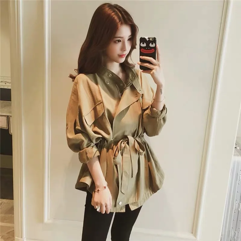 

Spring Autumn Women Windbreaker Bat Sleeve Long Windproof Clothes Female Loose Lacing Ruffle Hem Fashion Cotton Jacket Korean