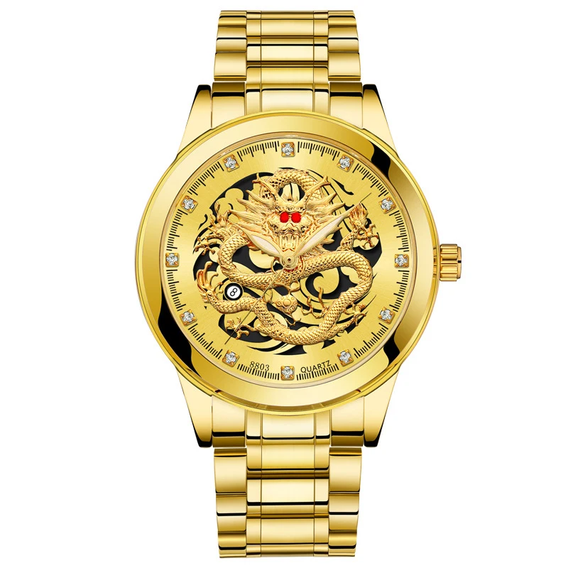

Gold Watch Men Clock Top Brand Fashion Luxury Business Watch Quartz Wristwatches Steel Waterproof Diamond Dial Dragon Mens Watch