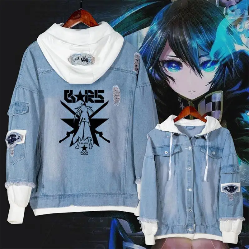 

Anime BLACK ROCK SHOOTER Cosplay Fake two piece Denim Jacket Hoodie Tops Jacket Hooded Unisex Jeans Coat Sweatshirt Autumn