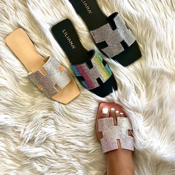 

Fashion sexy wild high quality new summer female slippers Comfortable Roman Rhinestone Outdoor Plus Size Beach Slippers 34-43