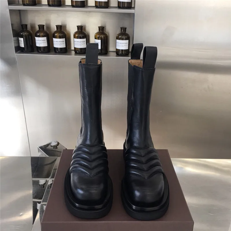 Новые ботинки из волнистой ткани женские черные ботинки Martin из натуральной кожи с круглым носком на толстой подошве на низком каблуке Bottes осенне-зимние сапоги панк до лодыжек