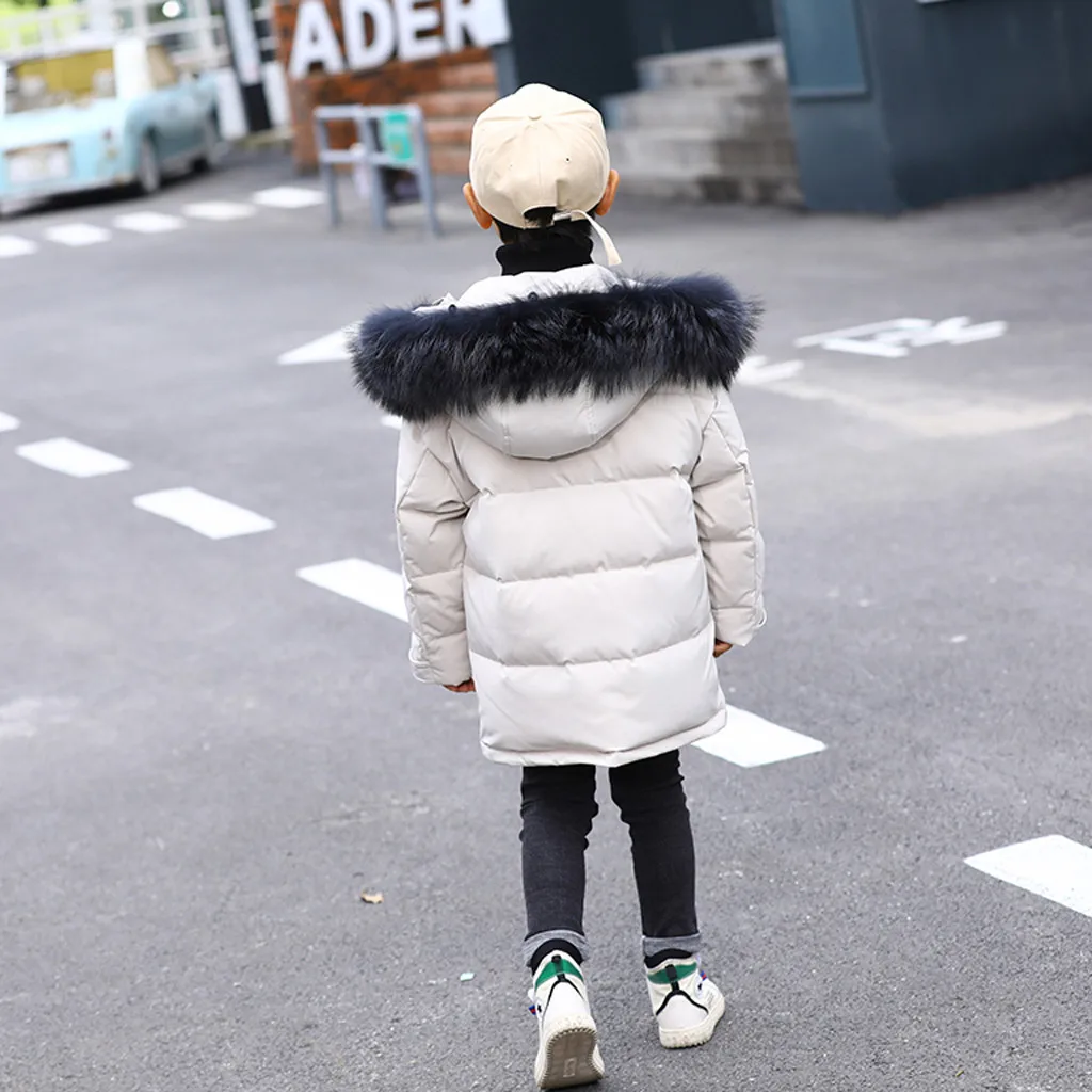 Зимнее пуховое пальто для маленьких мальчиков; однотонная теплая парка с капюшоном и искусственным мехом; куртка-пуховик; Стеганое пальто; Верхняя одежда с карманами