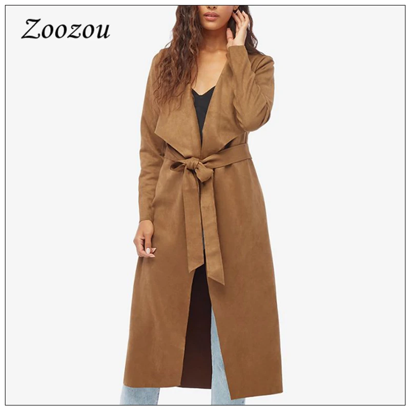 

Casual Suede Leather Cardigan Trench For Women Winter Vintage Ladies Windbreaker Lapel Jackets Tie Waist Long Overcoat Clothing