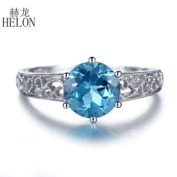 

HELON Solid 14k White Gold Certified Round 1.6ct Natural Blue Topaz Art Deco Vintage Filgree Jewelry Engagement Wedding Ring