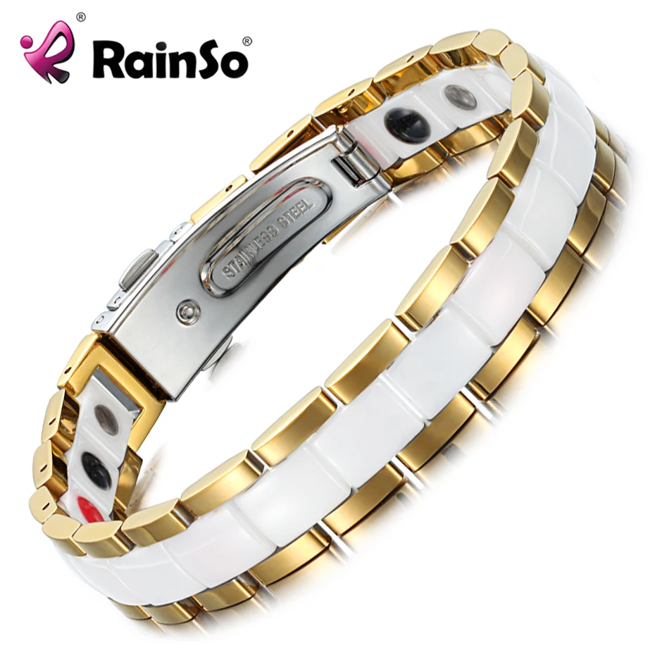 Baratos Rainso elegantes pulseras y brazaletes blancos de cerámica para mujer holograma terapia magnética señora encanto joyas de germanio ORB 227