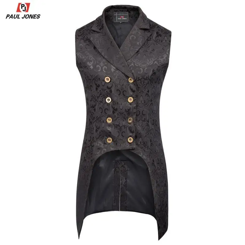 

Paul Jones Men Medieval Gothic Steampunk Vest Vintage Lapel Double Breasted Formal Prom Party Jacquard Brocade Waistcoat PJ0081