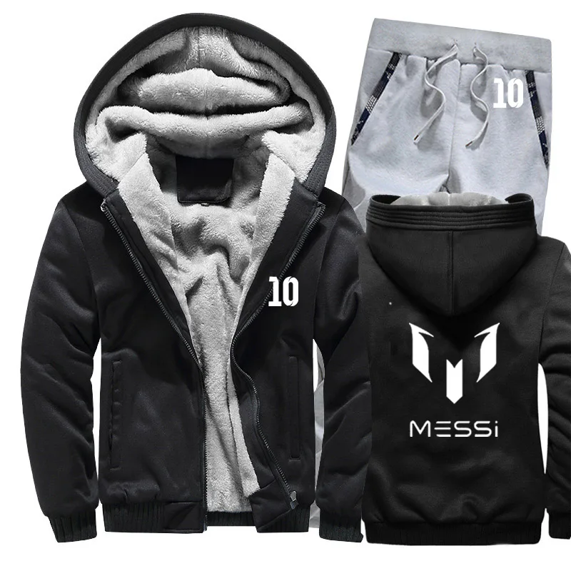 Мужские зимние толстовки с капюшоном Messi 10, мужские толстовки с принтом, костюм, плотный теплый флисовый хлопковый спортивный костюм на молнии, мужская куртка+ штаны, комплекты из 2 предметов