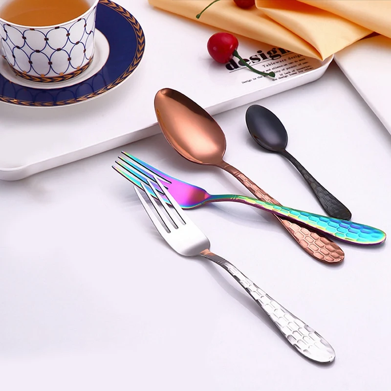 

Gold Rainbow Black Cutlery Set Stainless Steel Dinnerware Tableware Silverware Sets Dinner Knife And Fork Set Magic Color