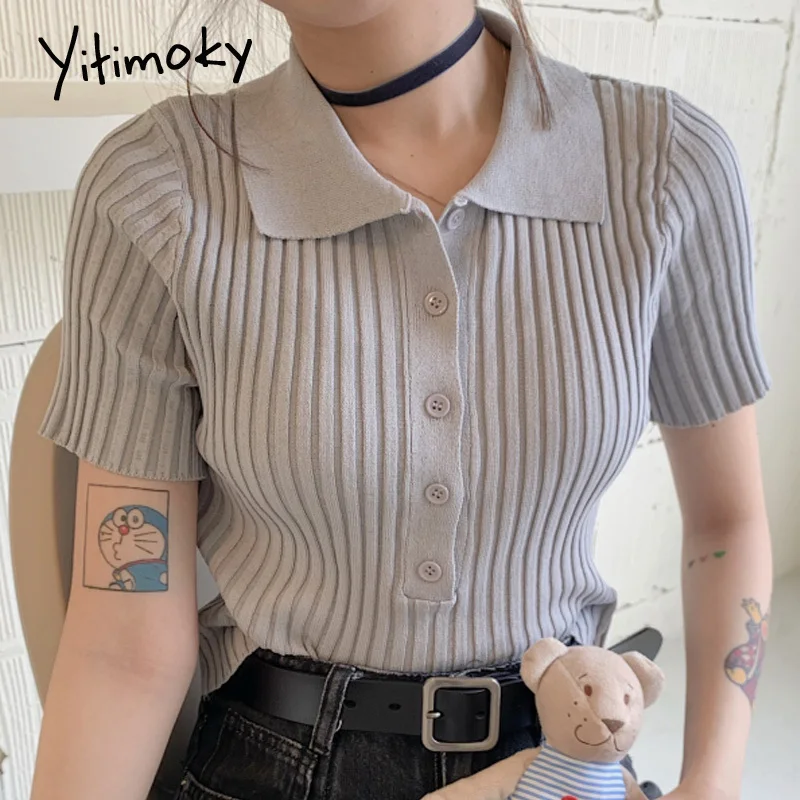 Ribbed Women Knitted Buttons Cropped Sweater Vintage Turn Down Collar Exposed Navel Stretch Knitwear Short Sleeve Thin Tops | Женская