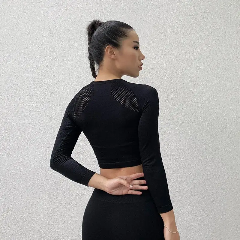 Спортивная одежда для женщин Одежда для гимнастики Омбре укороченный топ короткая рубашка бесшовный длинный рукав беговой Топ для тренировок спортивные майки тренировочные - Цвет: Черный