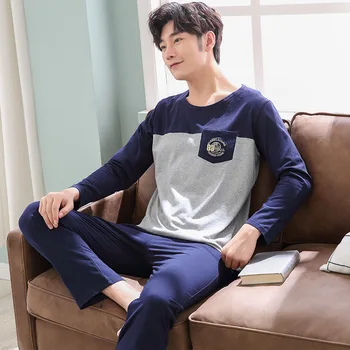 

2020 Spring Autumn Student Youth Cotton Boys Pajamas Long-Sleeved Cotton Pullover Men Home Clothes Silk Sleepwear Set