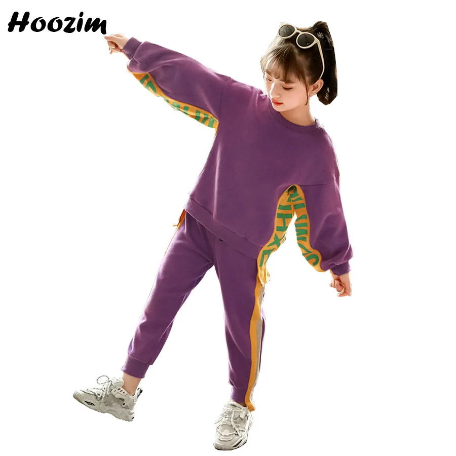 

High Street Sport Suit For Girls 4-13 Age Purple Letter Lantern Sleeve Top+Elastic Fitness Pants Set Kids Spring Child Tracksuit