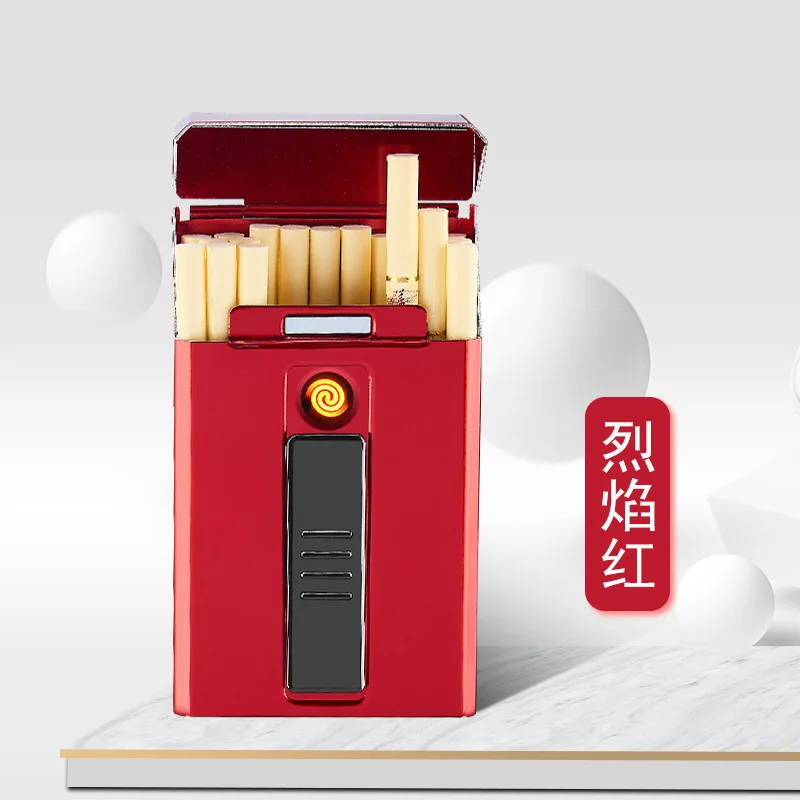 Новейший металлический ветрозащитный зарядное устройство с фонариком, электронный прикуриватель, зарядка, коробка для сигарет может держать 20 тонких сигарет - Цвет: Flame red
