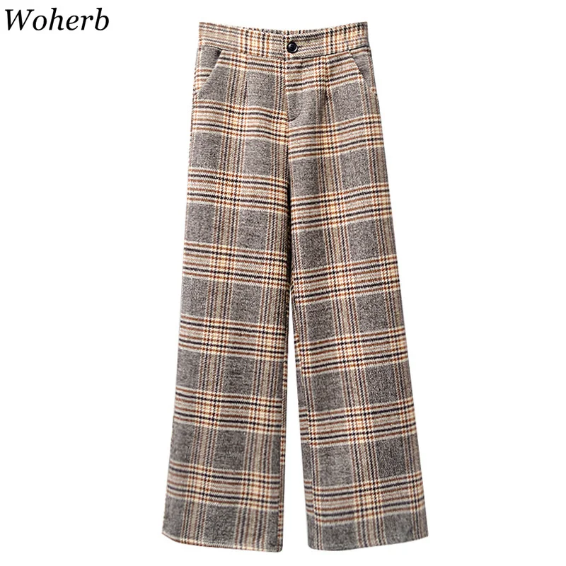 Woherb Plaid Pants High Waist Wide Leg Trousers Loose Autumn Winter Straight Pantalones Korean Fashion New More Style 91095