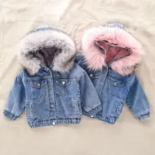 New Baby Clothes Coat Thick Denim Warm Jacket Toddler Kids Baby Girls Hooded Faux Fur Fleece Warm Thick Denim Coat Outwear