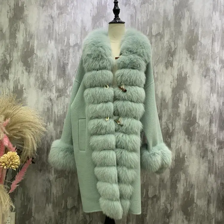 light green Кашемировая шаль из лисьего меха и накидки, женская шуба из натурального меха овцы с натуральным лисьим меховым воротником, Женская куртка размера плюс, верхняя одежда - Цвет: light green