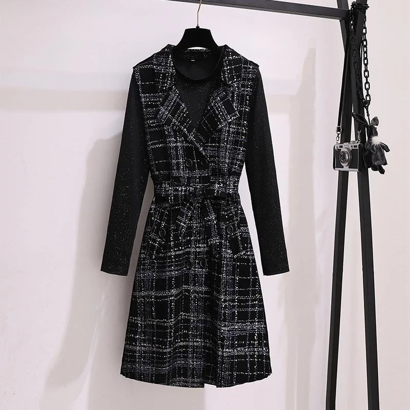 

Autumn 2 Piece Set Overalls Dress Women Long Sleeve Black Bottoming Shirt Top+Double Breasted Plaid Vest Dress