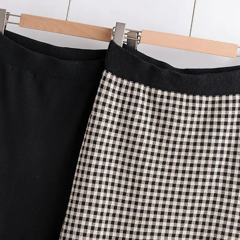 Fashion Plaid Irregular Women Sweater Skirt High Elastic Waist Ruffle Pleated Mid-length Female Knitted Skirts Autumn Skirt