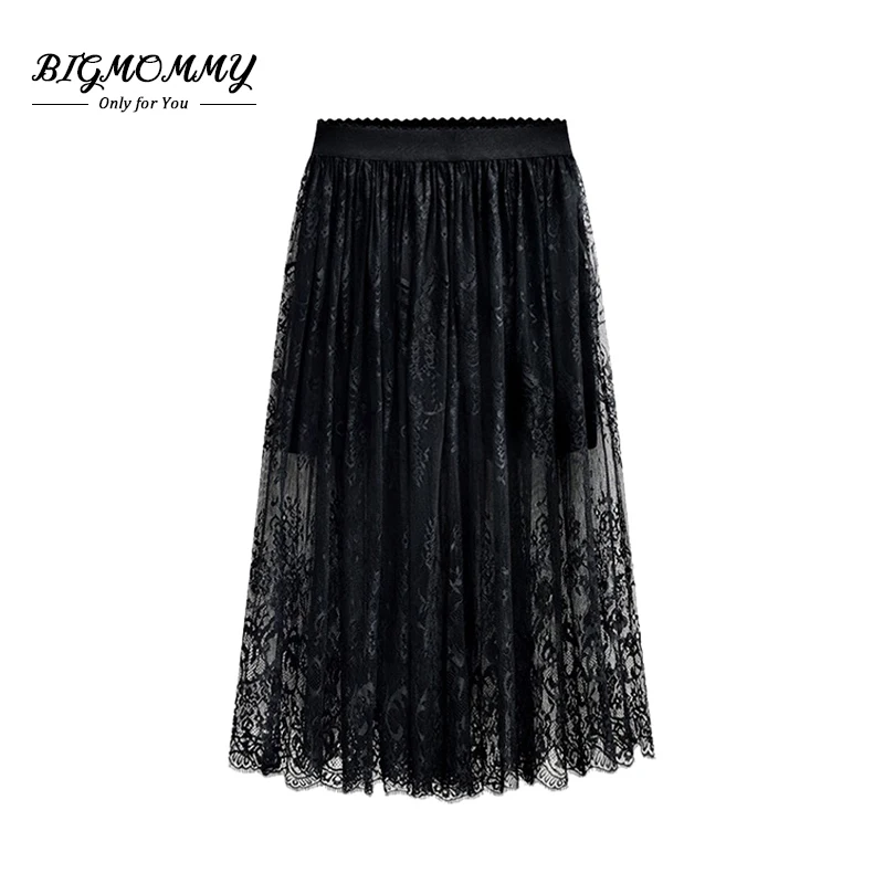 Черная кружевная юбка женская весна лето сексуальная открытая эластичная плиссированная Высокая талия средняя удлиненная юбка модные вечерние Большие размеры 4xl 5xl