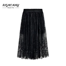 Черная кружевная юбка женская весна лето сексуальная открытая эластичная плиссированная Высокая талия средняя удлиненная юбка модные вечерние Большие размеры 4xl 5xl