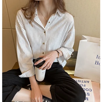 

2020 Spring Long Sleeve White Shirts Korean Leisure Striped Shirts Button Plus Size Women Tops