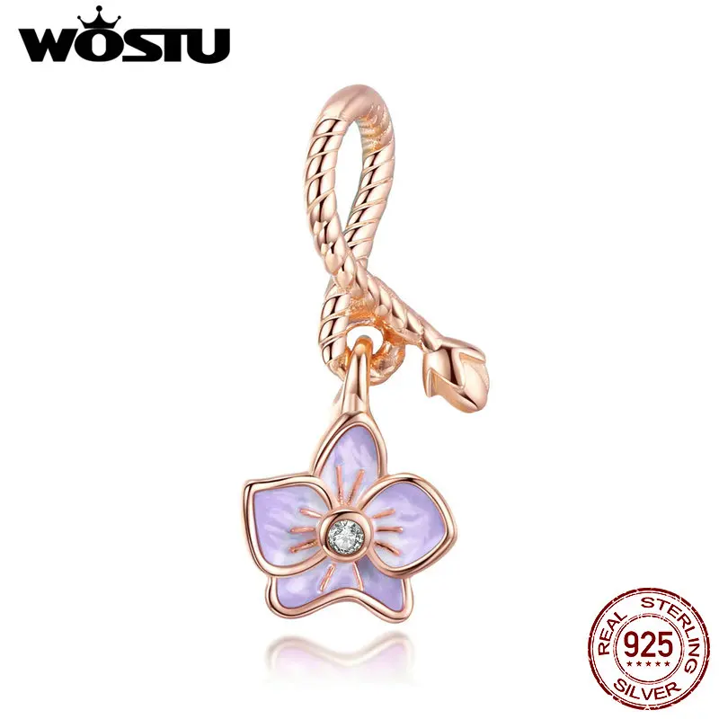 WOSTU подлинное серебро 925 пробы фиолетовые фаленопсис Шарм бусины в виде цветка