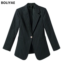 Boliyae Chaqueta elegante a rayas para mujer, abrigo negro elegante, trajes informales de primavera y otoño, chaquetas de oficina y negocios, prendas de vestir, Top OL