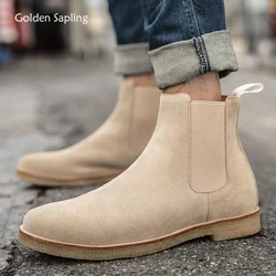 Golden Sapling Chelsea Boots Men Genuine Leather Leisure Footwear Concise Men's Ankle Boots Vintage Casual Wedge Platform Shoes