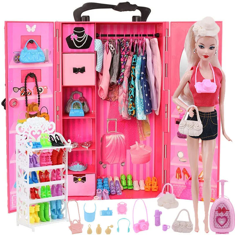 72 Pcs/Set Barbiees Doll Clothes Accessories=Wardrobe Shoe Rack Suitcase Clothes Hangers Shoes Random Bag glasses