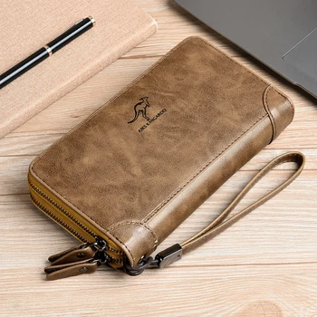 

High capacity Men's Handbags Imitation leather Retro Man Clutch bag Double zipper compartment Phone bag long wallet Business
