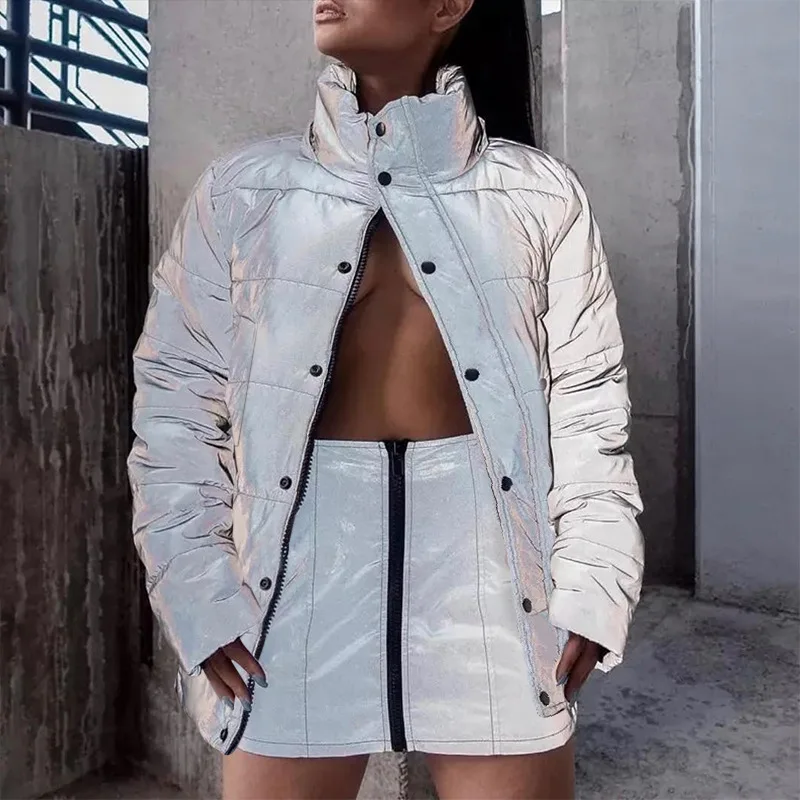 Promo  Winter Women warm Jacket Casual Hip Hop Windbreaker Reflective Jacket Tide Brand Women thick Coat F