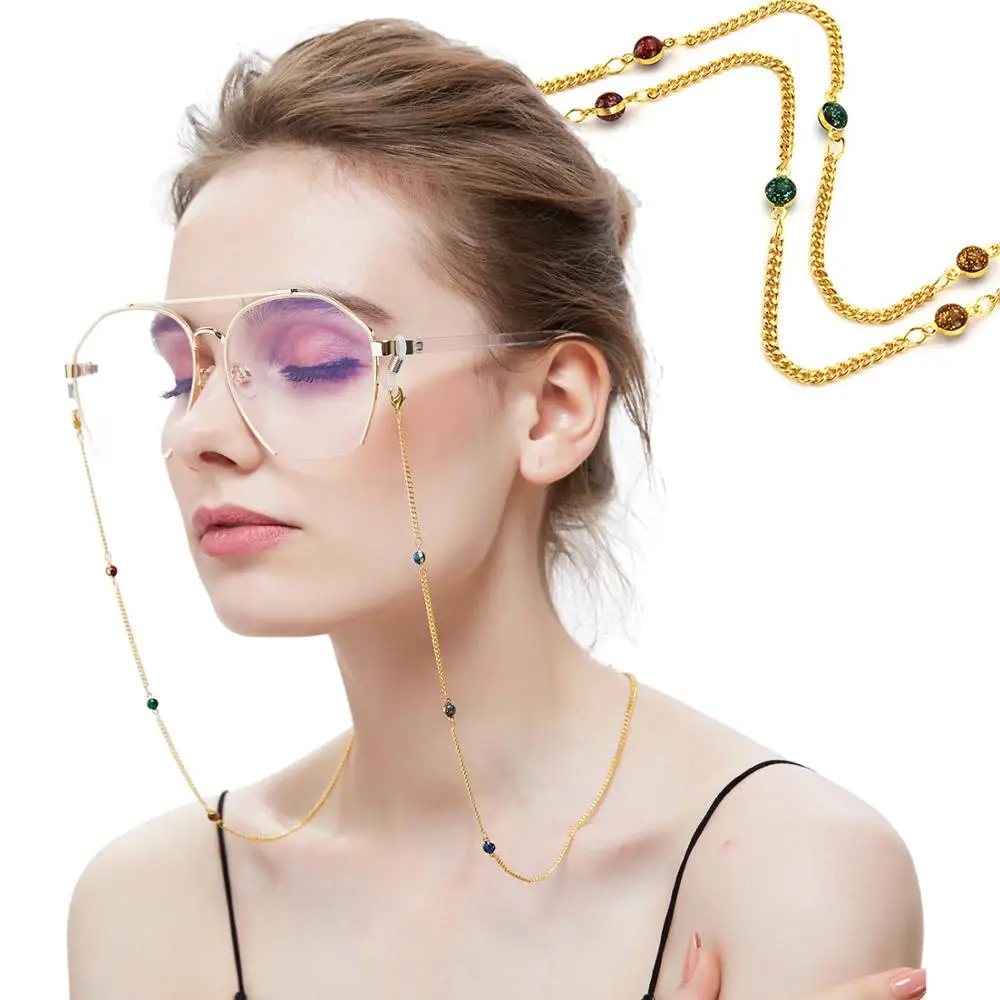 Fashion Womens Gold Eyeglass Chains Sunglasses Crystal Beaded Eyewears Neck Cord Holder with silicone good loop | Аксессуары для