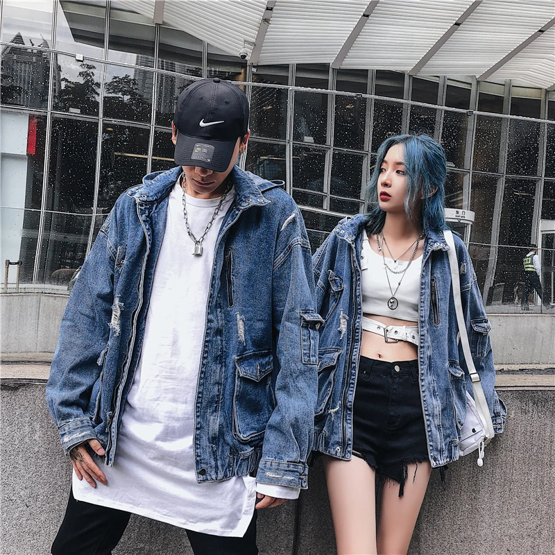 Harajuku Мужская джинсовая куртка карго с капюшоном уличная мотоциклетная Байкерская джинсовая куртка для мужчин и женщин модная Толстовка куртки