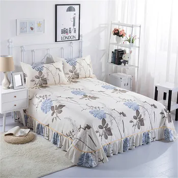

Cotton Lace side Printed bed sheet fixed strap Soft Non-Slip King Queen size Bed cover bedspread with pillowcase