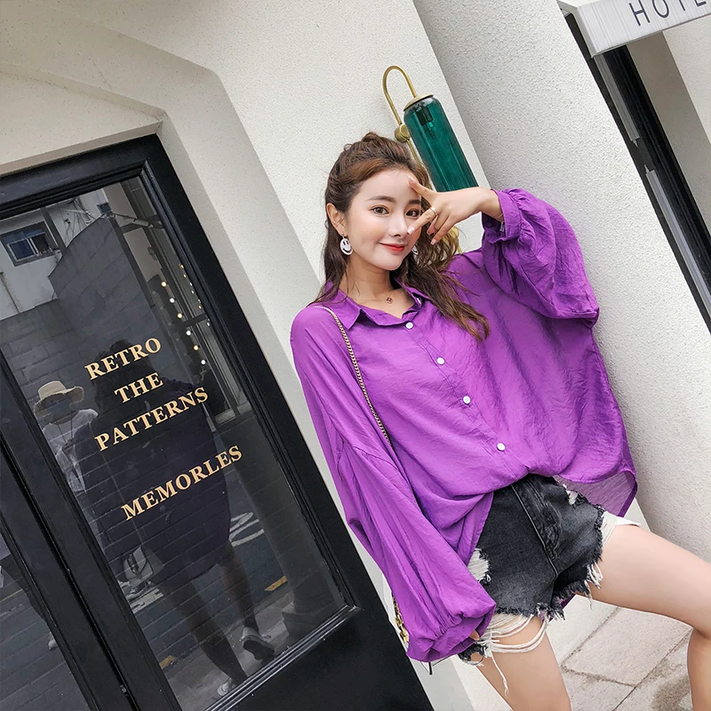 COIGARSAM 4XL Plus Size Loose Shirt Womens tops New Spring Summer Puff Sleeve Women shirts White Purple Yellow 8812